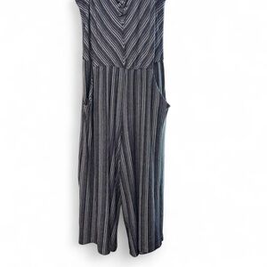 a.n.a Black and Gray Striped V‑Neck Wide‑Leg Jumpsuit with Pockets